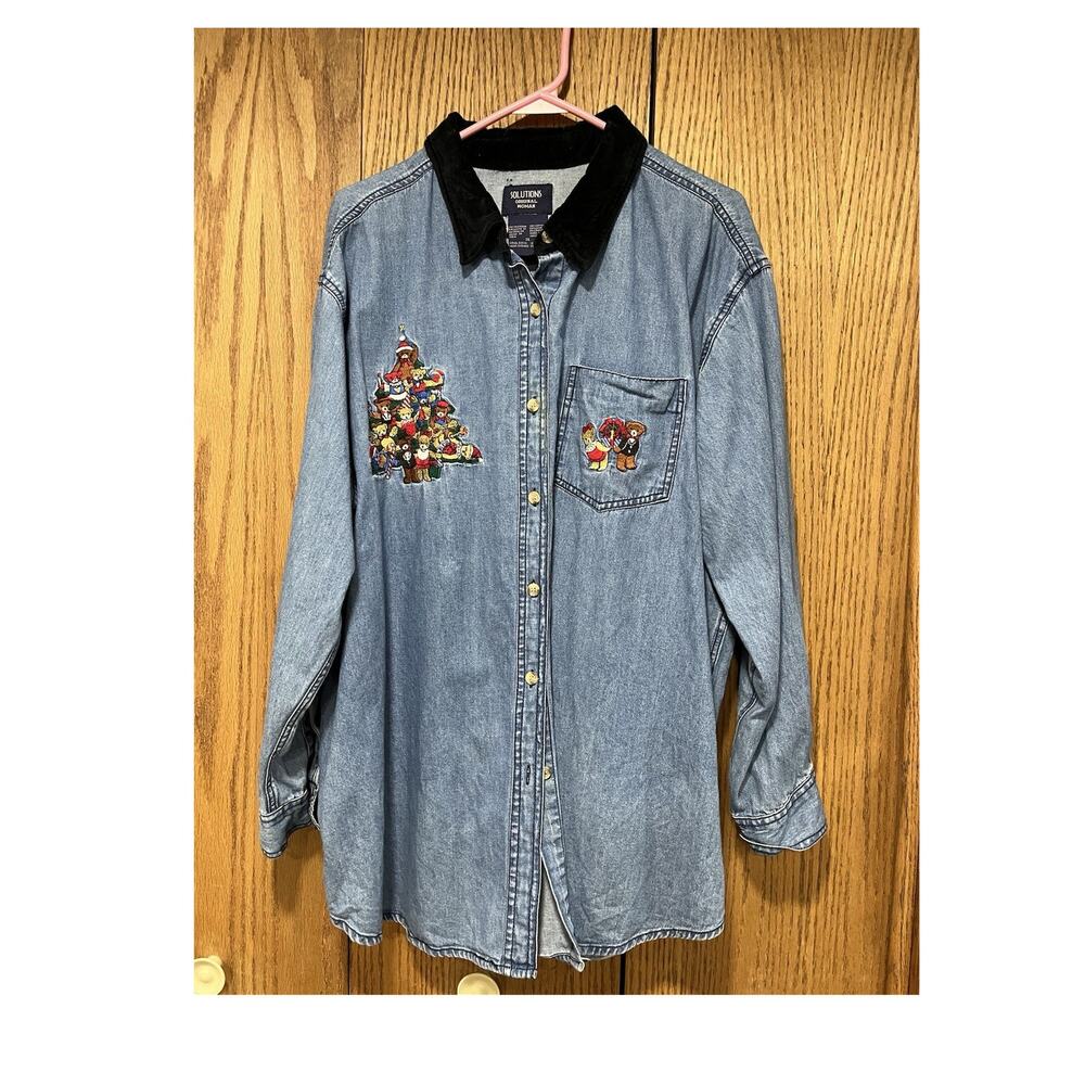 Vintage embroidered women’s denim shirt with Christmas characters ￼